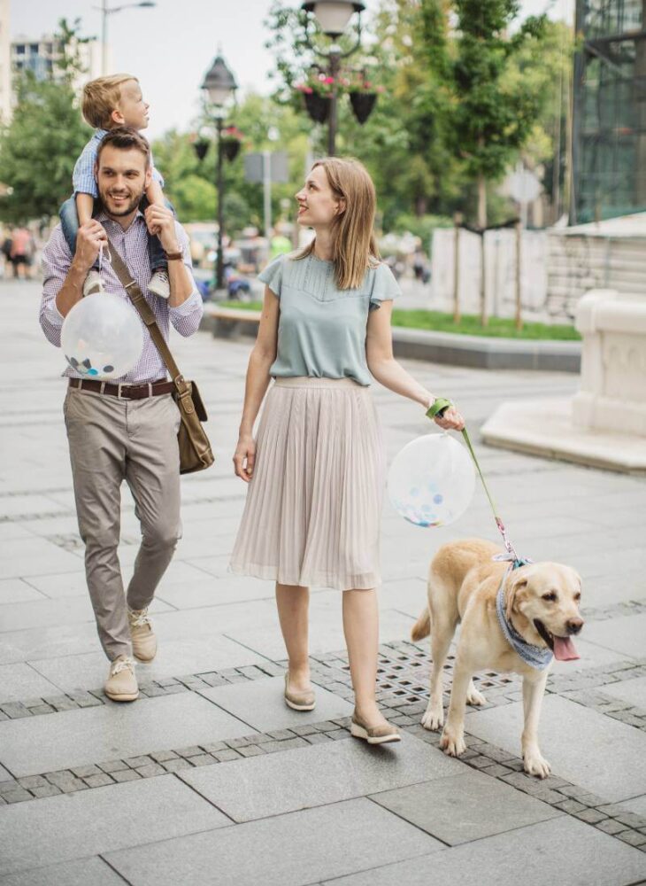 mom, dad, baby and dog in a walk