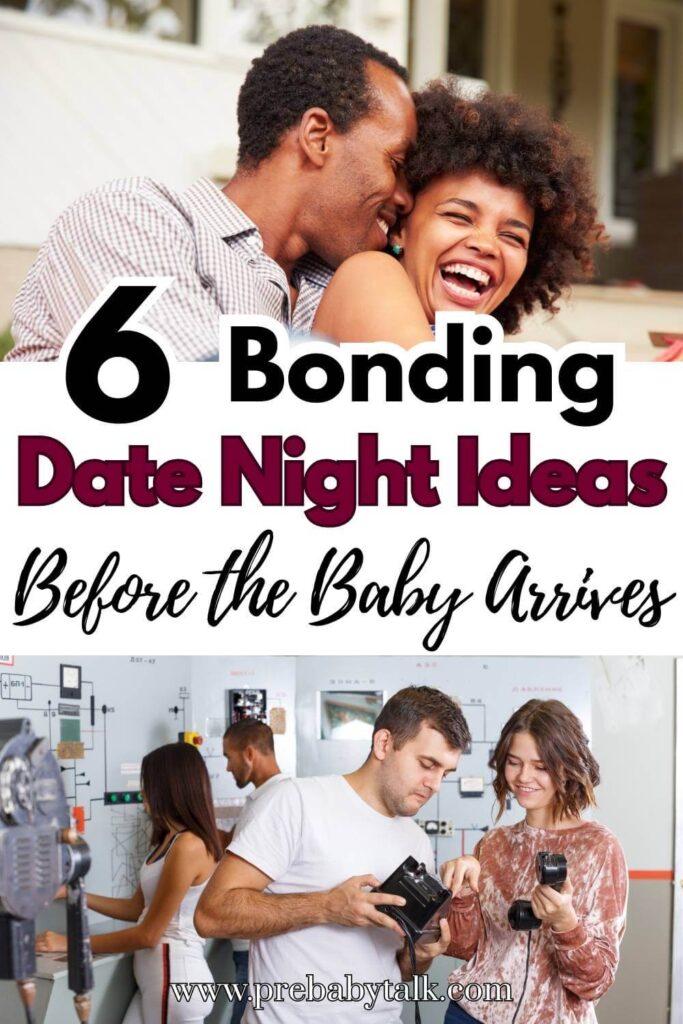 collage of two images showing romantic couple and couple in an escape room and text saying six bonding date night ideas before the baby arrives