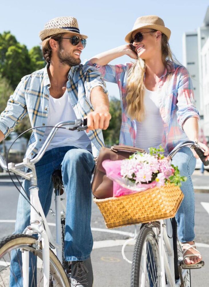 couple riding bikes together