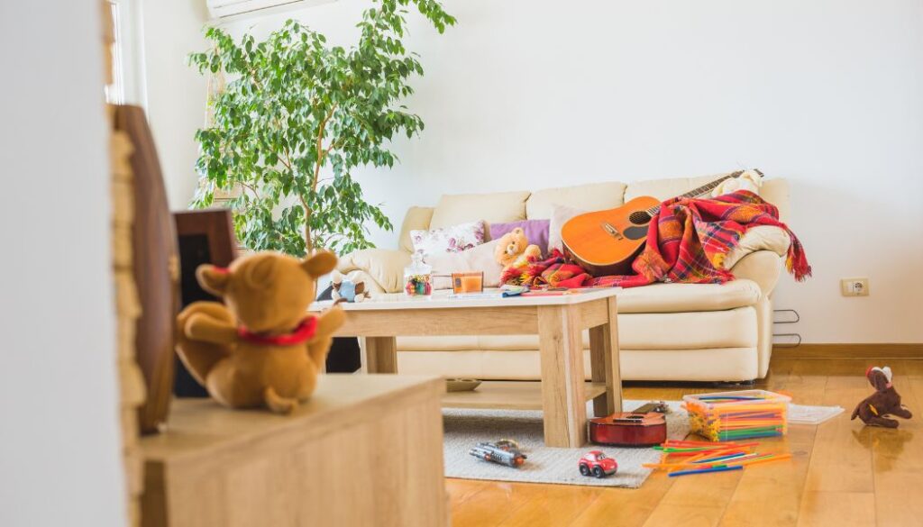 living room with baby toys