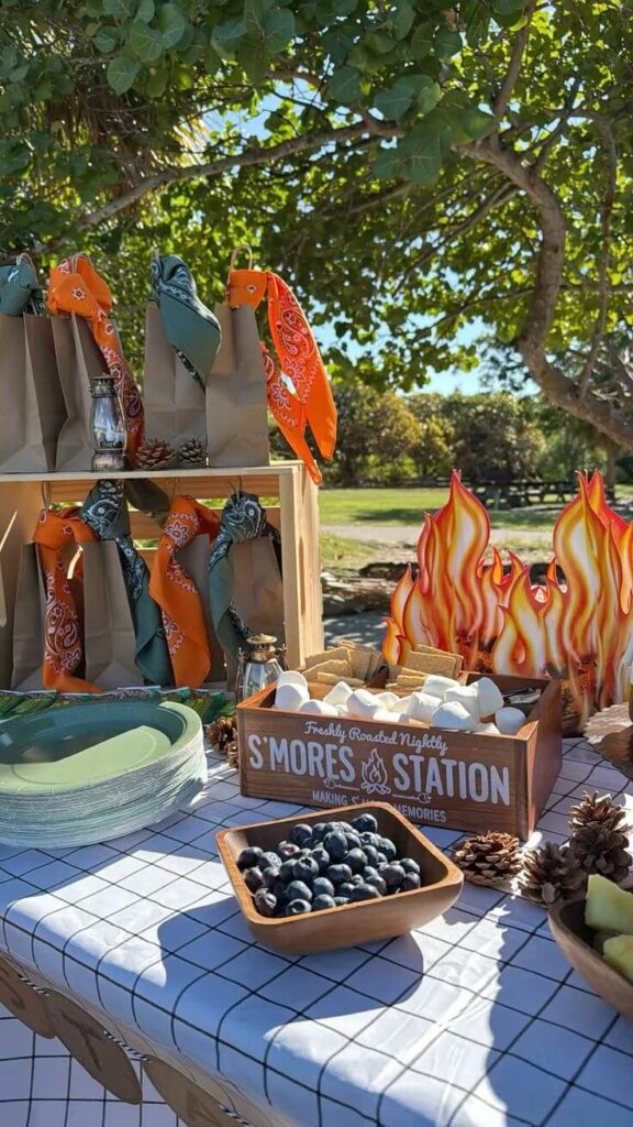 camp baby shower decor and table setup